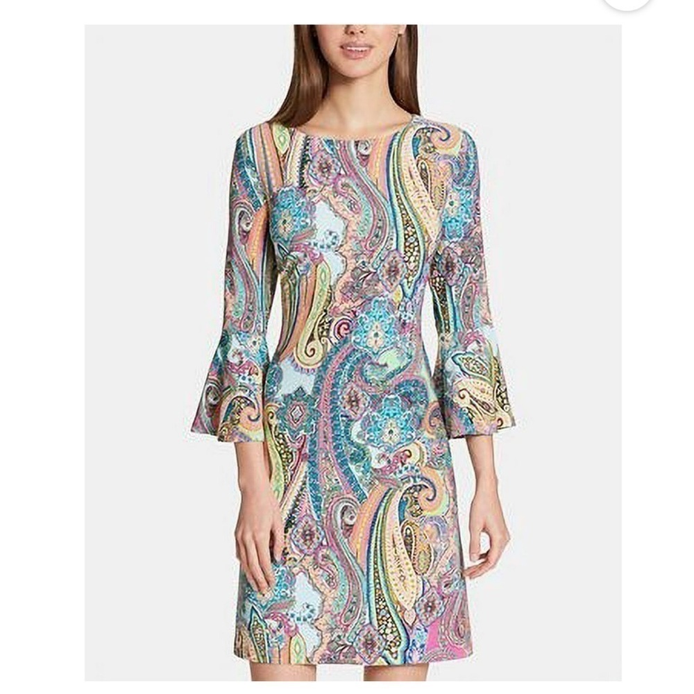 Tommy Hilfiger Jaipur Paisley Jersey Womens 3/4 Bell Sleeve Sheath Dress Size 6 - Picture 2 of 12